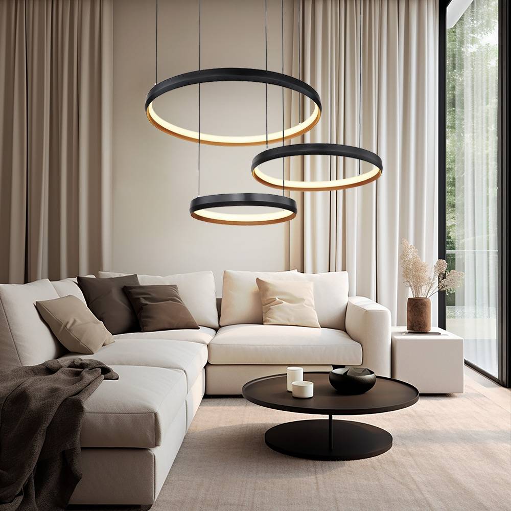 Hängelampe schwarz Pendelleuchte dimmbar Esszimmerlampe, LED Ringe Fernbedienung CCT, Metall gold, LED 55W 1800lm 2700-6000K, LxBxH 76,7x50,3x150 cm