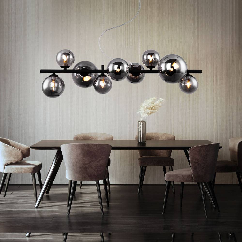 Pendelleuchte Kugel Glas Hängelampe Esstisch schwarz Wohnzimmerlampe hängend Modern, Rauchglas, 9x LED 3,5W 350lm warmweiß, LxH 86x120 cm