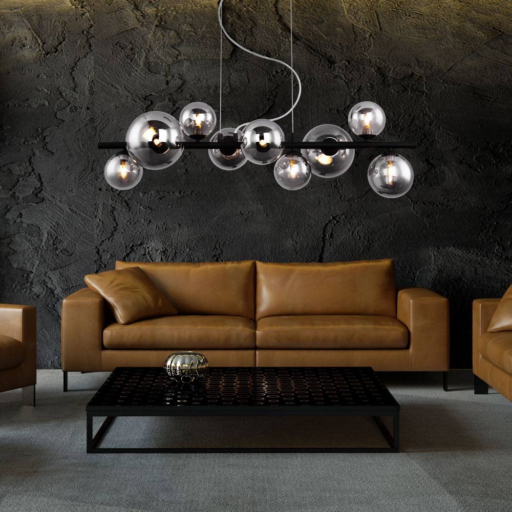 Pendelleuchte Kugel Glas Hängelampe Esstisch schwarz Wohnzimmerlampe hängend Modern, Rauchglas, 9x LED 3,5W 350lm warmweiß, LxH 86x120 cm