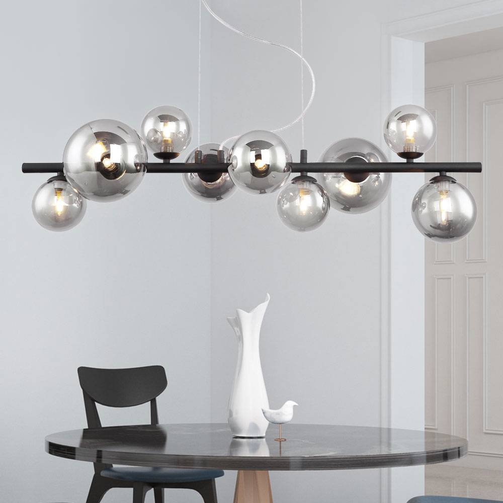 Pendelleuchte Kugel Glas Hängelampe Esstisch schwarz Wohnzimmerlampe hängend Modern, Rauchglas, 9x LED 3,5W 350lm warmweiß, LxH 86x120 cm