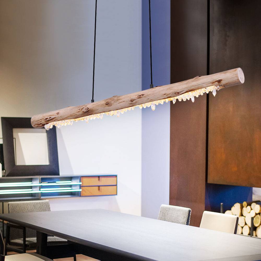Decken Hängeleuchte aus Holz mit Kristalldekor Holzbalken Pendelleuchte Landhaus Stil Hängelampe, 1x LED 15 Watt 980 Lumen warmweiß, LxBxH 100x8x15