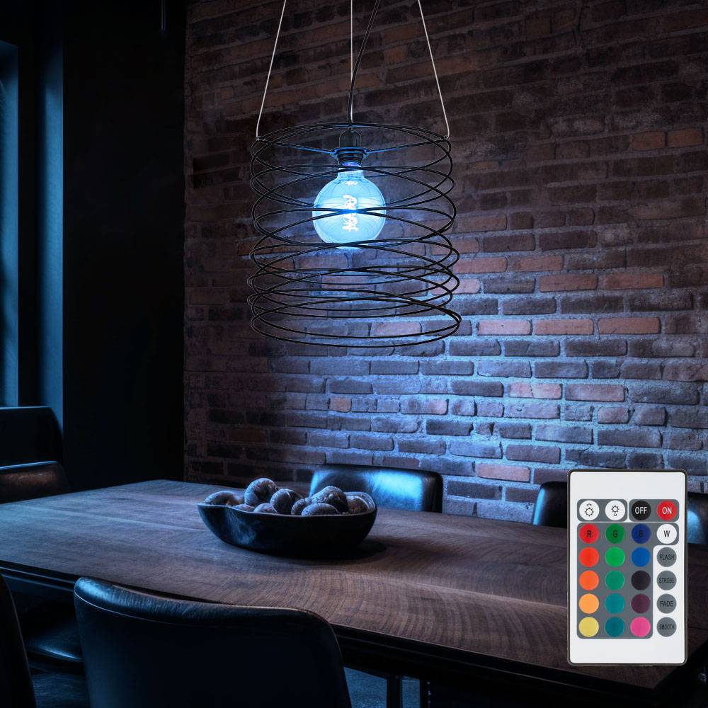 Hängelampe dimmbar mit Fernbedienung LED Hängeleuchte Pendelleuchte schwarz Esszimmerlampe Esstischlampe, RGB Farbwechsel, Metall spiralförmig ,