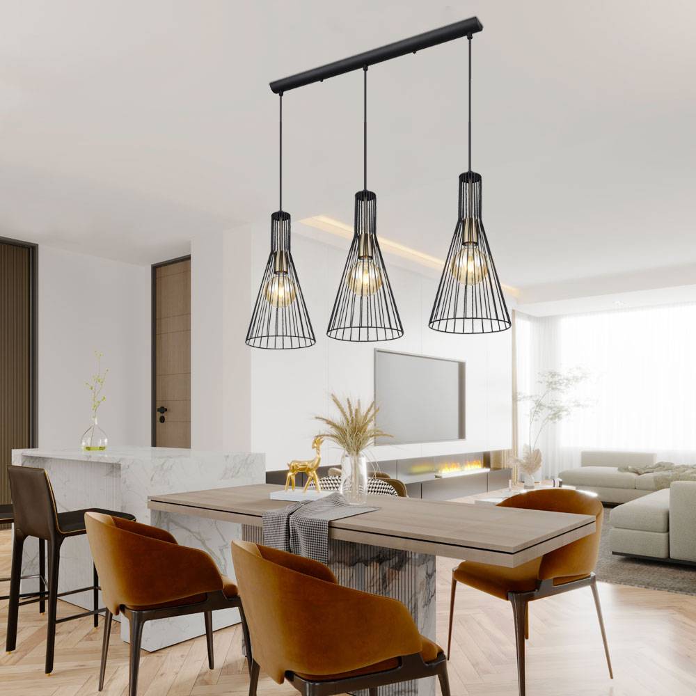 Hängelampe schwarz Pendelleuchte Esstischlampe Esszimmerlampe 3-flammig, Käfig-Design Industrial, Metall schwarz, 3x E27 Fassung, LxBxH 84x20x120 cm