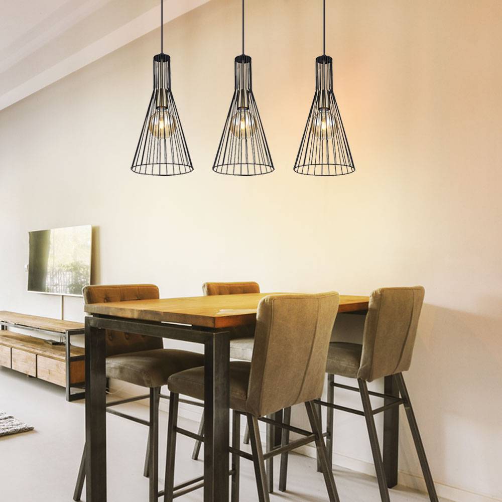 Hängelampe schwarz Pendelleuchte Esstischlampe Esszimmerlampe 3-flammig, Käfig-Design Industrial, Metall schwarz, 3x E27 Fassung, LxBxH 84x20x120 cm