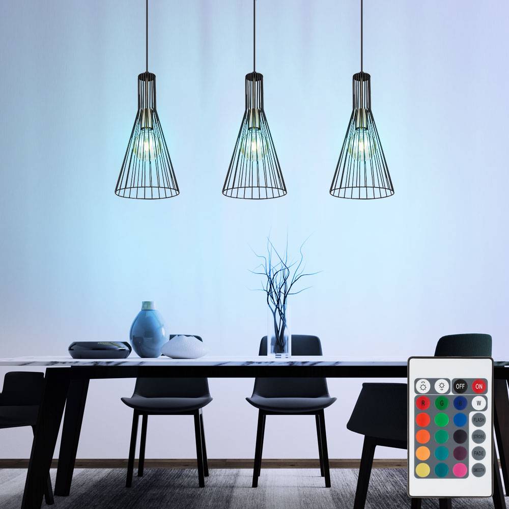 Hängelampe dimmbar mit Fernbedienung LED Pendelleuchte Esstisch modern Esszimmerlampe 3-flammig,RGB Farbwechsel, Käfig-Design Industrial, 3x 8,5W 80