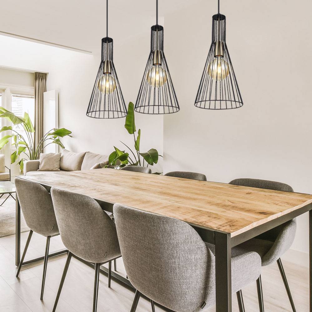 Hängelampe schwarz Pendelleuchte Esstisch modern Esszimmerlampe 3-flammig, Käfig-Design Industrial, Metall schwarz, 3x E27 Fassung, LxBxH 84x20x120