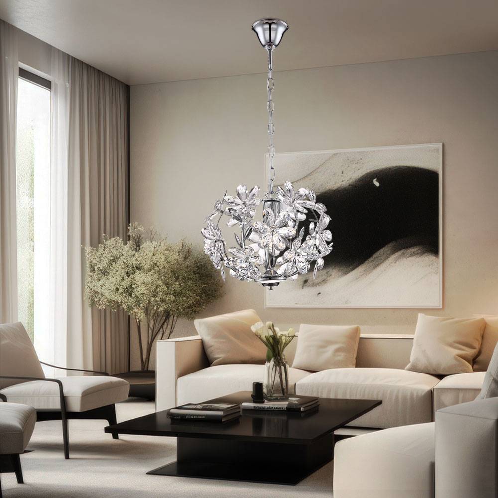 Pendelleuchte Hängeleuchte Blätterleuchte Deckenpendel Blumen Design, Acryl, Chrom, Schirmleuchte, Kugelform, 1x E27, DxH 34x87 cm