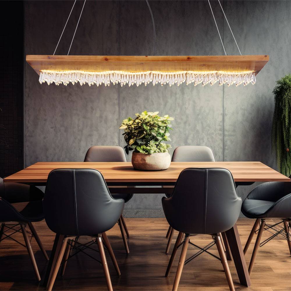 Hängelampe Holz Esszimmerleuchte Kristalldekor LED Pendelleuchte Holz, Höhe anpassbar, Metall schwarz opal klar, 1x LED 30W 2023Lm 3000K, HxLxB 145x