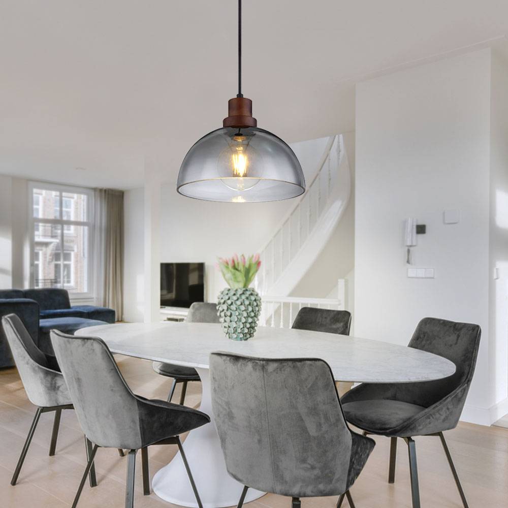 Hängelampe Holzlampe Glasschirm Pendelleuchte Hängeleuchte Wohnzimmerlampe, Metall Glas, schwarz braun, 1x E27, DxH 25x120 cm