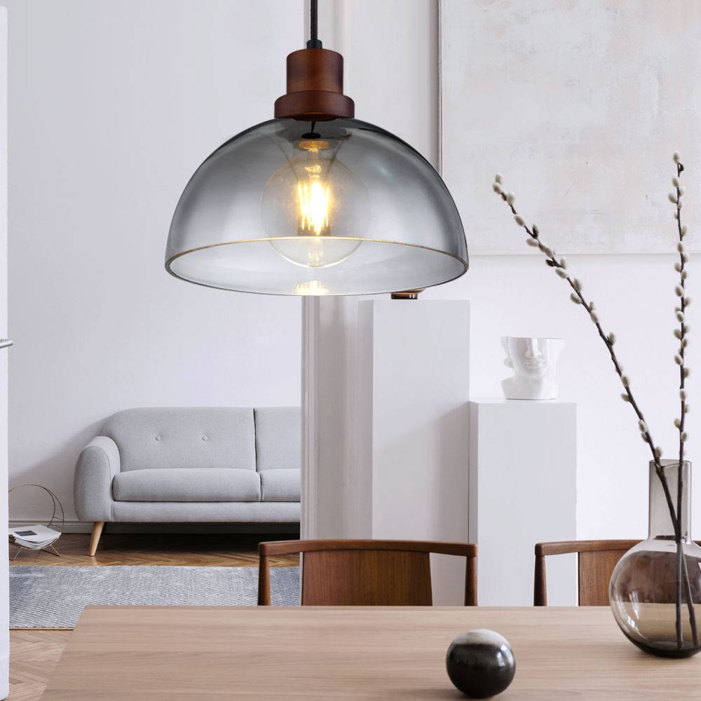Hängelampe Holzlampe Glasschirm Pendelleuchte Hängeleuchte Wohnzimmerlampe, Metall Glas, schwarz braun, 1x E27, DxH 25x120 cm