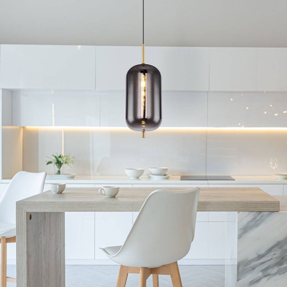 Hängelampe Pendellampe Hängeleuchte Esstischlampe messingfarben Rauchglas, Metall, 1x E27 Fassung, DxH 22x120cm