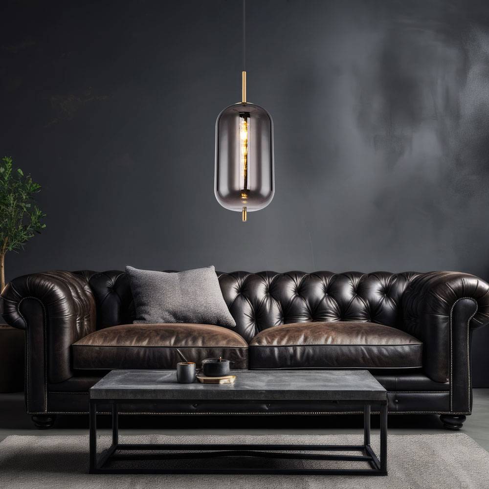 Hängelampe Pendellampe Hängeleuchte Esstischlampe messingfarben Rauchglas, Metall, 1x E27 Fassung, DxH 22x120cm