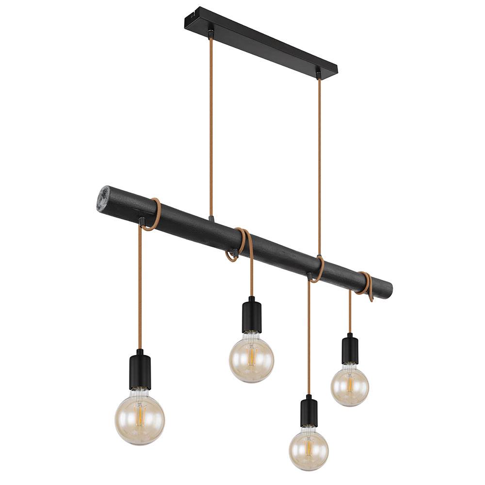 Hängelampe Pendelleuchte 4 flammig Esstisch Holzlampe Wohnzimmerlampe zum Wickeln, Metall, schwarz, 4x E27 Fassungen, LxBxH 90x6x120 cm
