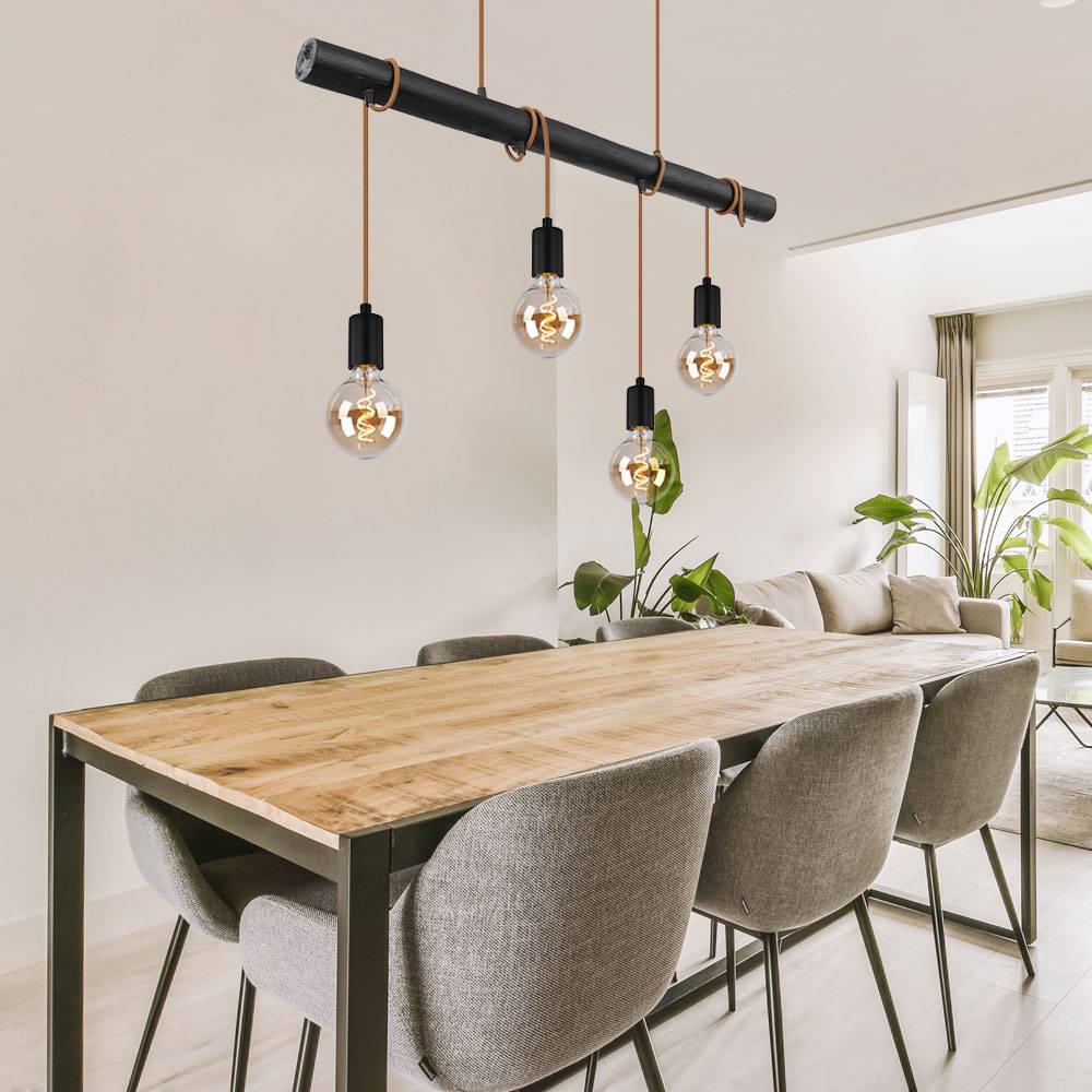 Hängelampe Pendelleuchte 4 flammig Esstisch Holzlampe Wohnzimmerlampe zum Wickeln, Metall, schwarz, 4x E27 Fassungen, LxBxH 90x6x120 cm