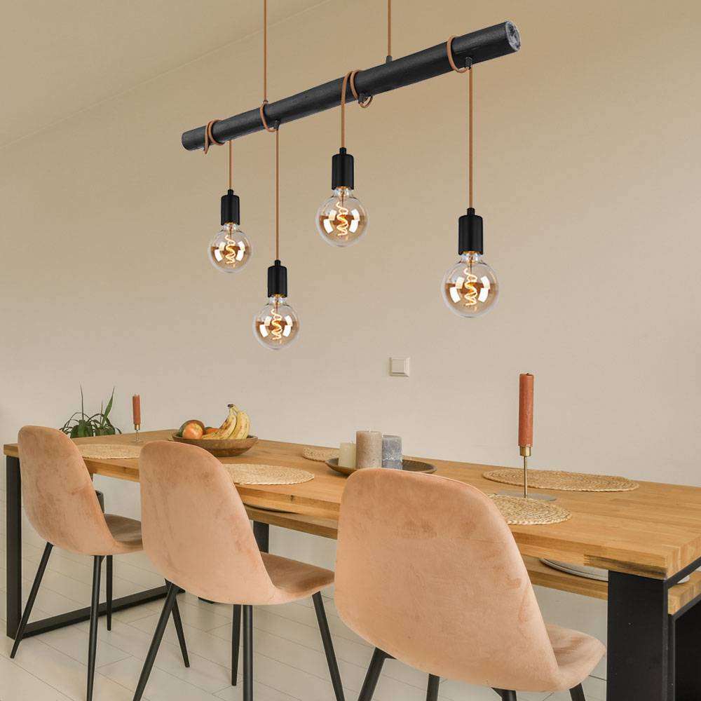 Hängelampe Pendelleuchte 4 flammig Esstisch Holzlampe Wohnzimmerlampe zum Wickeln, Metall, schwarz, 4x E27 Fassungen, LxBxH 90x6x120 cm