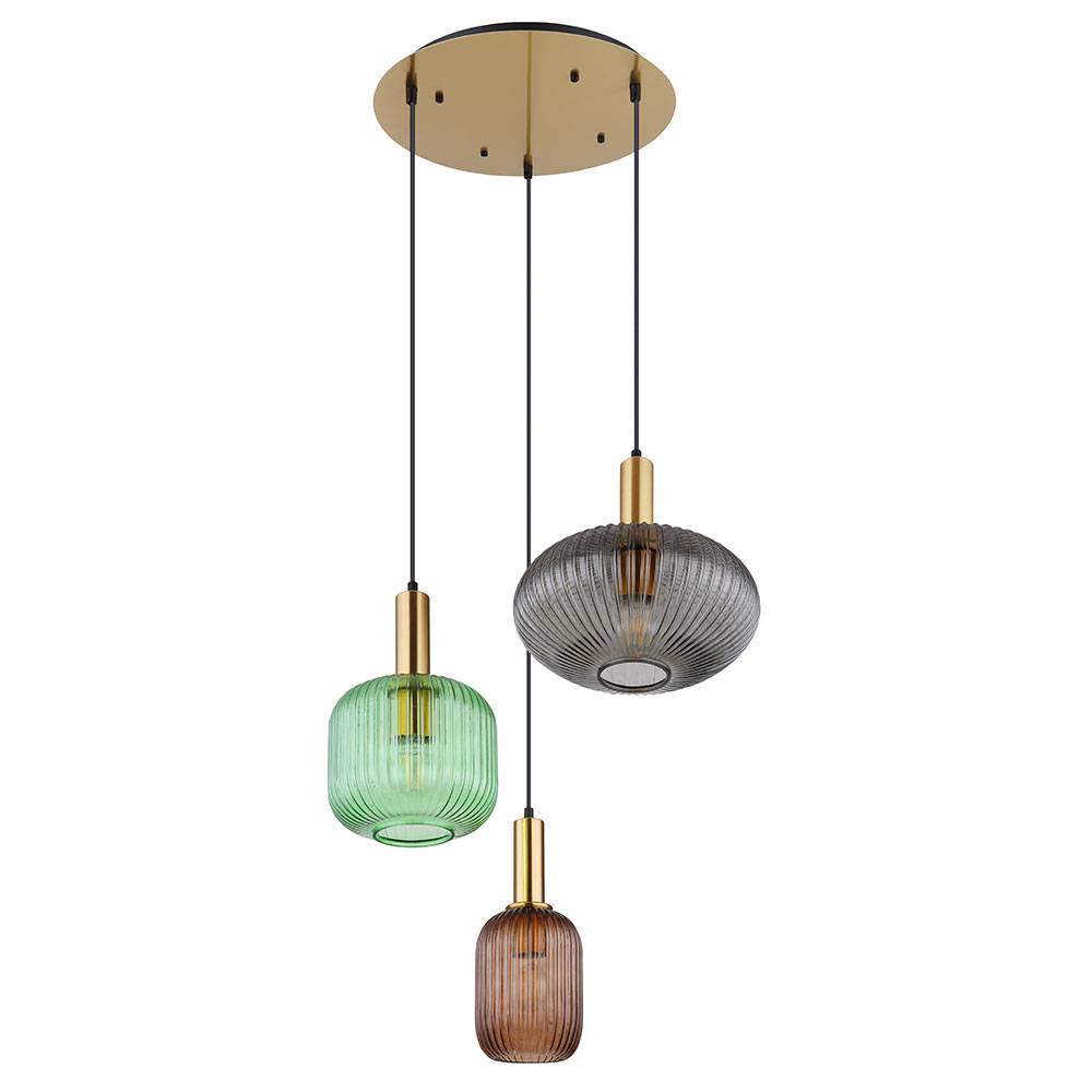 Pendelleuchte Retro messing Hängelampe Esstisch Glas Pendelleuchte Glas 3 Flammig, rauch grün coffee, Alu Metall, 3x E27 Fassungen, DxH 55x130 cm