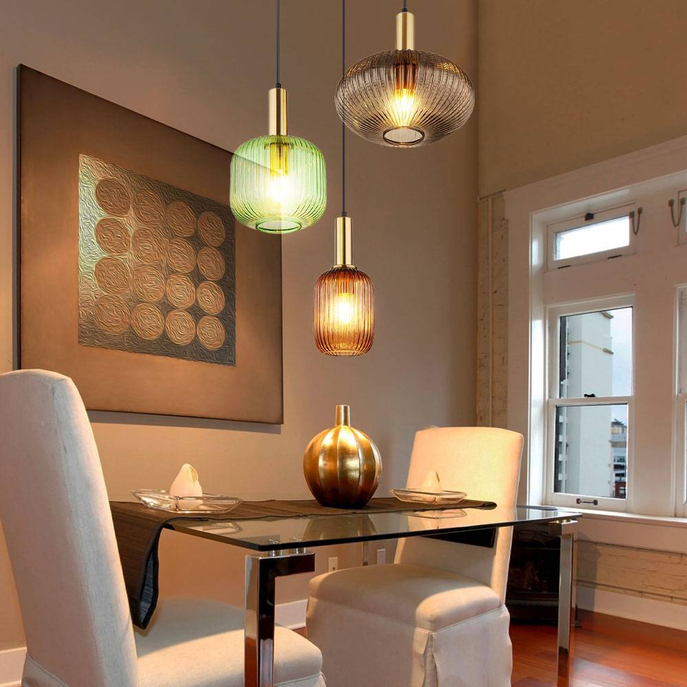 Pendelleuchte Retro messing Hängelampe Esstisch Glas Pendelleuchte Glas 3 Flammig, rauch grün coffee, Alu Metall, 3x E27 Fassungen, DxH 55x130 cm