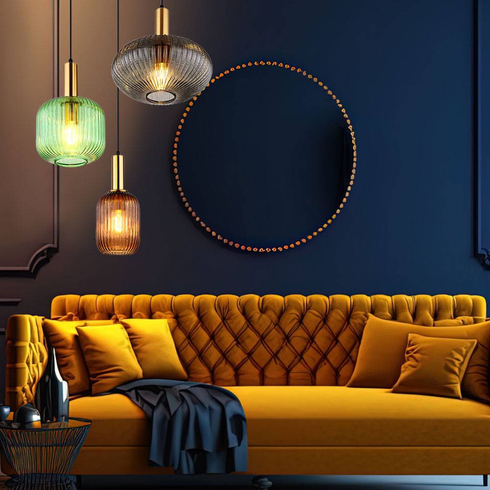 Pendelleuchte Retro messing Hängelampe Esstisch Glas Pendelleuchte Glas 3 Flammig, rauch grün coffee, Alu Metall, 3x E27 Fassungen, DxH 55x130 cm