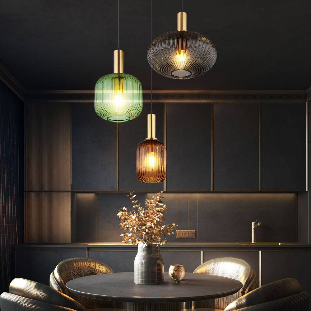 Pendelleuchte Retro messing Hängelampe Esstisch Glas Pendelleuchte Glas 3 Flammig, rauch grün coffee, Alu Metall, 3x E27 Fassungen, DxH 55x130 cm