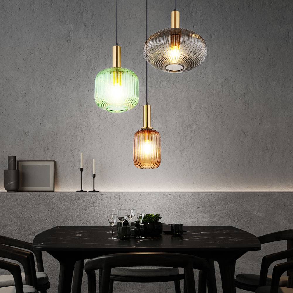 Pendelleuchte Retro messing Hängelampe Esstisch Glas Pendelleuchte Glas 3 Flammig, rauch grün coffee, Alu Metall, 3x E27 Fassungen, DxH 55x130 cm