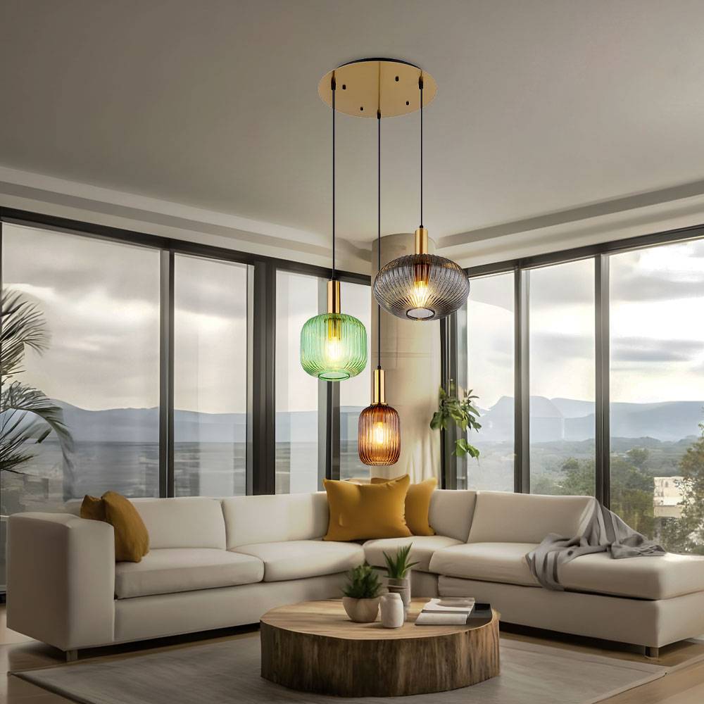 Pendelleuchte Retro messing Hängelampe Esstisch Glas Pendelleuchte Glas 3 Flammig, rauch grün coffee, Alu Metall, 3x E27 Fassungen, DxH 55x130 cm