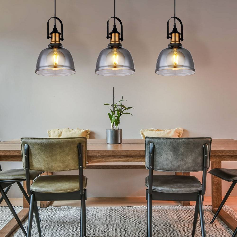 Pendelleuchte Pendellampe Hängeleuchte Esszimmer 3 flammig, Metall Rauchglas messing, 3x E27 Fassungen, LxBxH 83,5x20x120cm