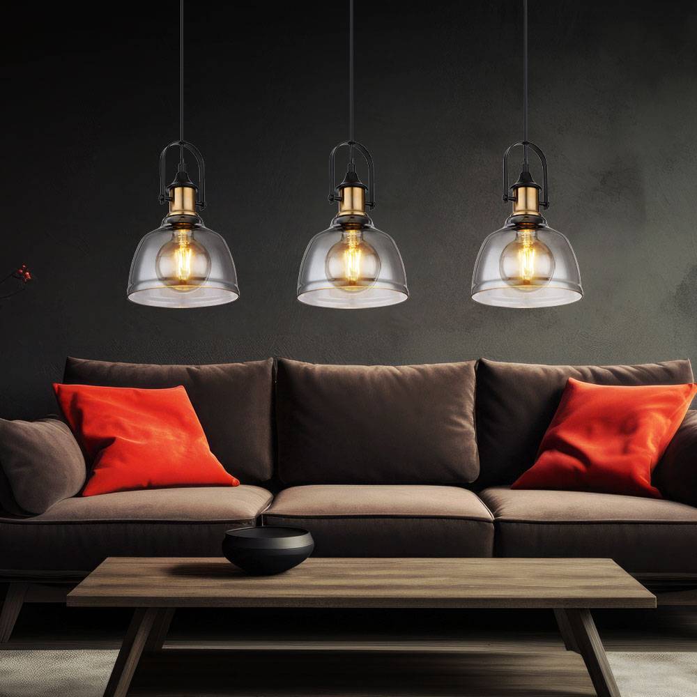 Pendelleuchte Pendellampe Hängeleuchte Esszimmer 3 flammig, Metall Rauchglas messing, 3x E27 Fassungen, LxBxH 83,5x20x120cm