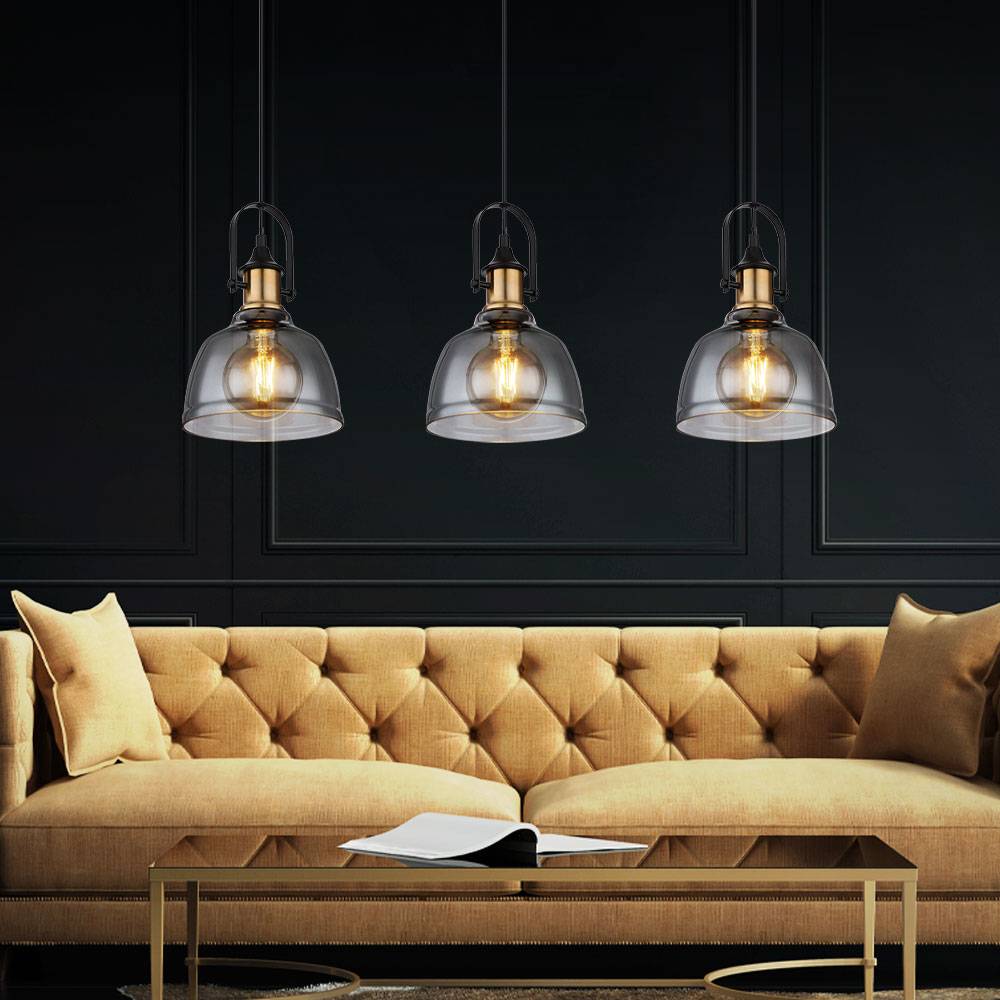 Pendelleuchte Pendellampe Hängeleuchte Esszimmer 3 flammig, Metall Rauchglas messing, 3x E27 Fassungen, LxBxH 83,5x20x120cm