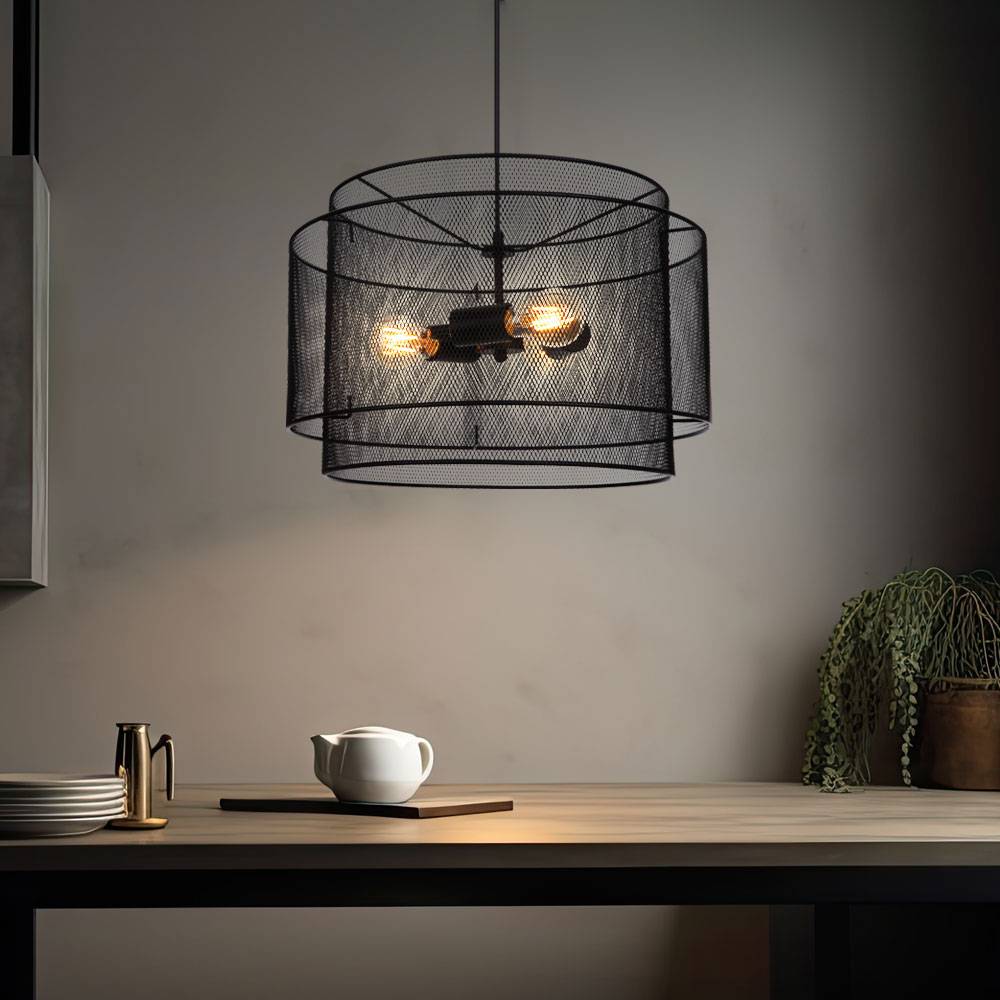 Pendellampe Hängelampe schwarz Hängeleuchte Gitter rund Industriell Esszimmer, Metall, 3x E27 Fassungen, DxH 45x120 cm