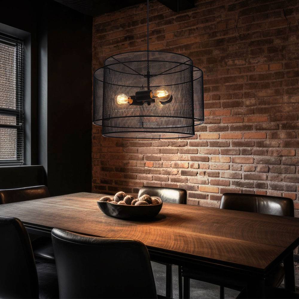 Hängelampe Pendellampe schwarz Hängeleuchte Gitter rund Industriell Esszimmer, Metall, 3x E27 Fassungen, DxH 45x120 cm