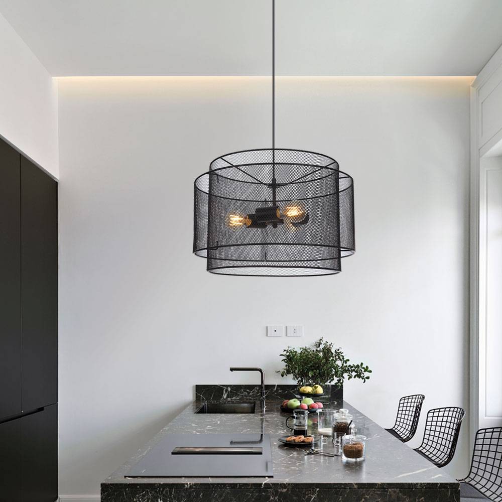 Hängelampe Pendellampe schwarz Hängeleuchte Gitter rund Industriell Esszimmer, Metall, 3x E27 Fassungen, DxH 45x120 cm