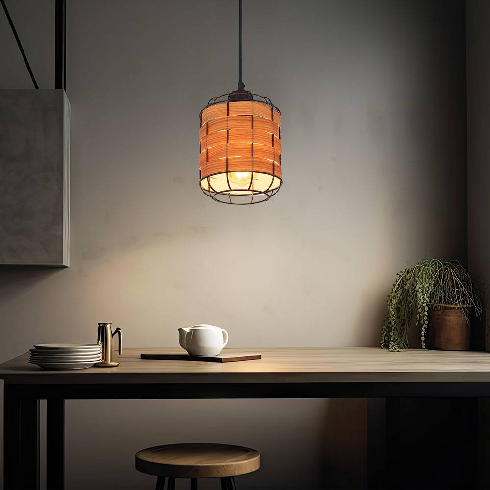 Pendelleuchte Esstischlampe Hängelampe Holzoptik Wohnzimmer, Gitter Optik, 1x E27, DxH 15 x 200 cm