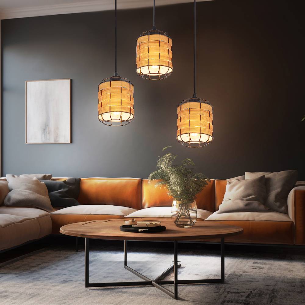 Pendelleuchte Esstischlampe Hängelampe Holzoptik Wohnzimmer, Gitter Optik, 1x E27, DxH 15 x 200 cm