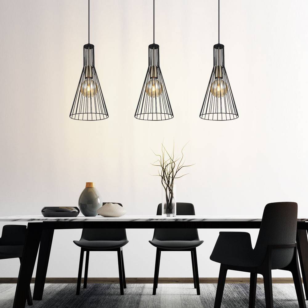 Hängelampe schwarz Pendelleuchte Esstisch modern Esszimmerlampe 3-flammig, Käfig-Design Industrial, Metall schwarz, 3x E27 Fassung, LxBxH 84x20x120