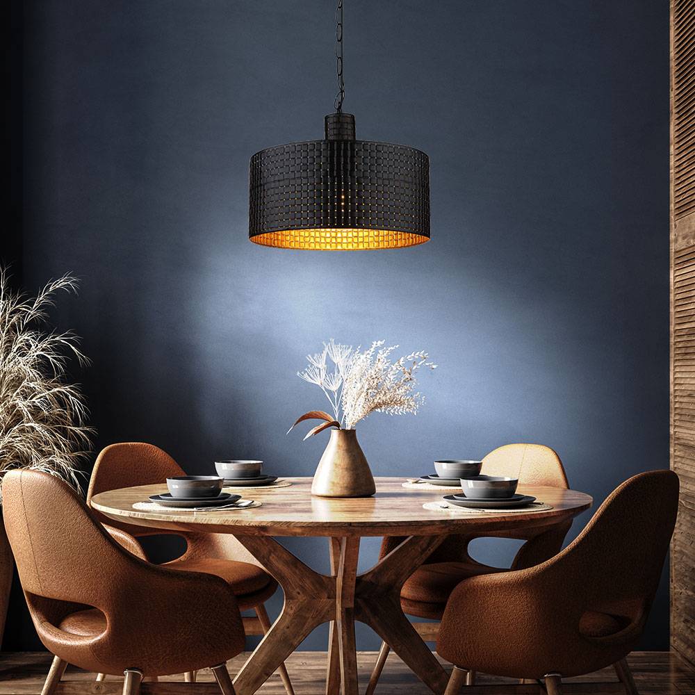 Pendelleuchte Hängelampe Esszimmerleuchte Pendellampe schwarz gold Holz 1 flammig, Metall MDF, 1x E27 Fassungen, DxH 35x120 cm