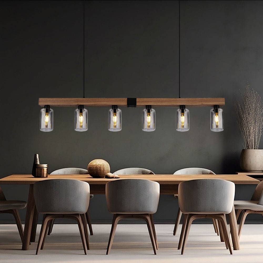 Hängelampe Pendelleuchte Holzoptik Esstischlampe 6 flammig Wohnzimmer, Rauchglas Metall schwarz, 6x E27, LxH 140x120 cm