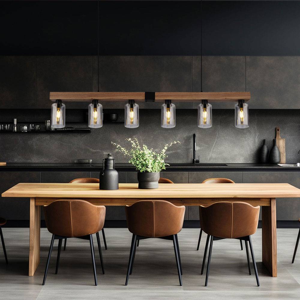 Hängelampe Pendelleuchte Holzoptik Esstischlampe 6 flammig Wohnzimmer, Rauchglas Metall schwarz, 6x E27, LxH 140x120 cm