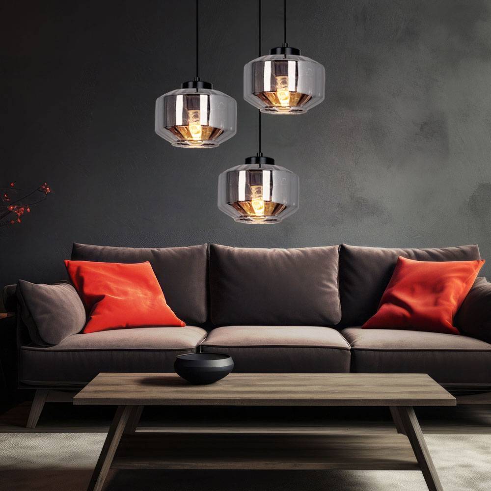 Pendellampe Esstisch Wohnzimmerleuchte schwarz 3-flammig Hängeleuchte modern, bauchige Glasschirme, Metall schwarz rauch, 3x E27, DxH 40x120 cm