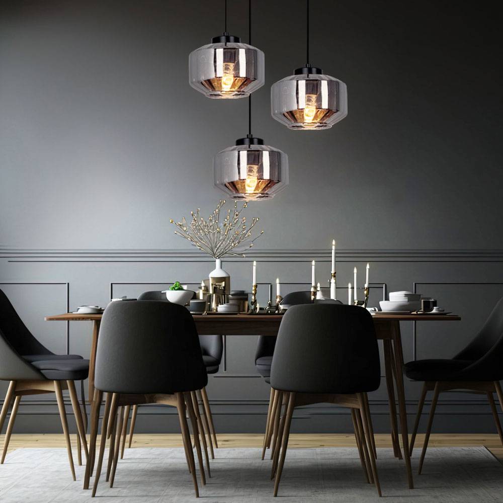 Pendellampe Esstisch Wohnzimmerleuchte schwarz 3-flammig Hängeleuchte modern, bauchige Glasschirme, Metall schwarz rauch, 3x E27, DxH 40x120 cm