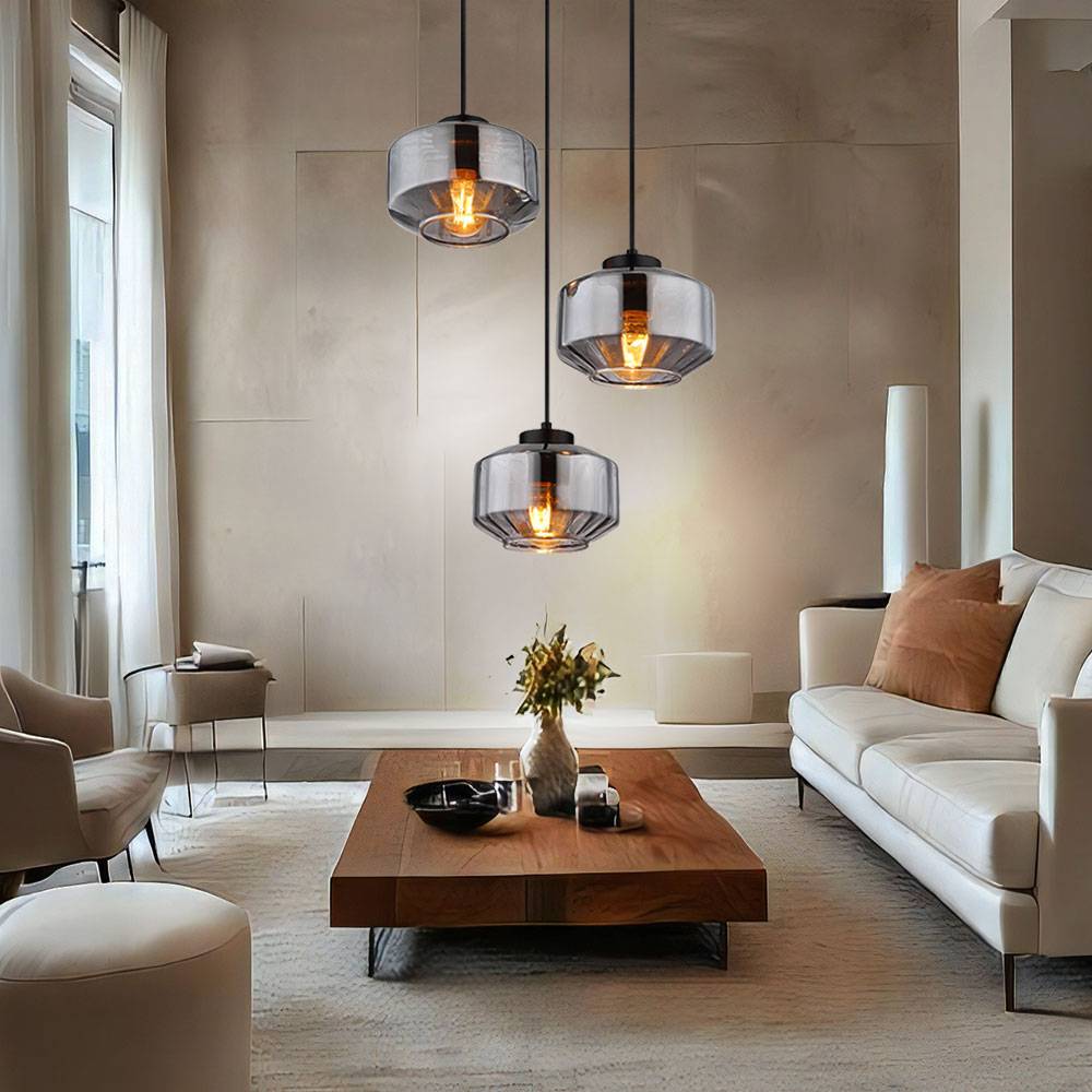Pendellampe Esstisch Wohnzimmerleuchte schwarz 3-flammig Hängeleuchte modern, bauchige Glasschirme, Metall schwarz rauch, 3x E27, DxH 40x120 cm