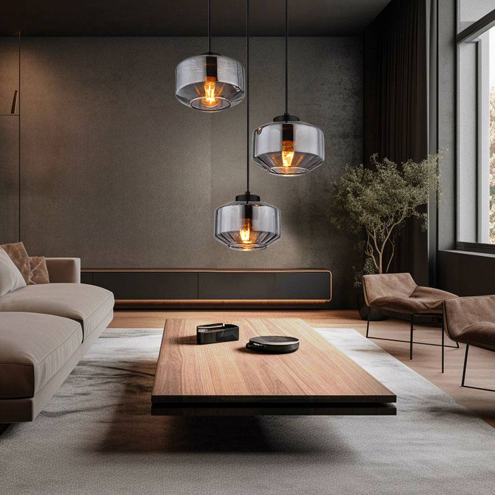 Pendellampe Esstisch Wohnzimmerleuchte schwarz 3-flammig Hängeleuchte modern, bauchige Glasschirme, Metall schwarz rauch, 3x E27, DxH 40x120 cm