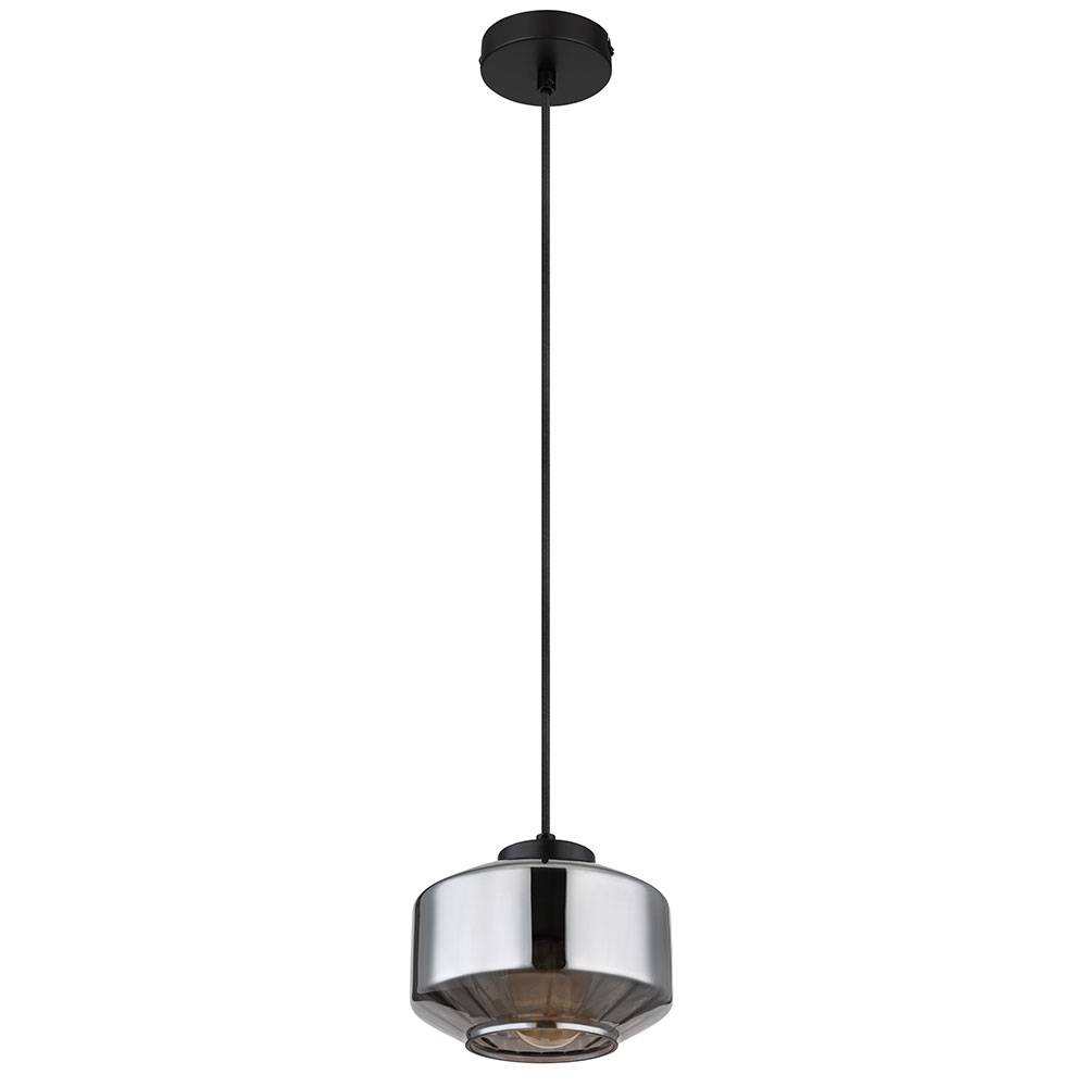 Hängelampe Pendelleuchte Esszimmerlampe, Modernes Pendel mit Glasschirm rauchfarben, Bauchig, Metall, schwarz matt, 1x E27 Fassung, DxH 24x120 cm