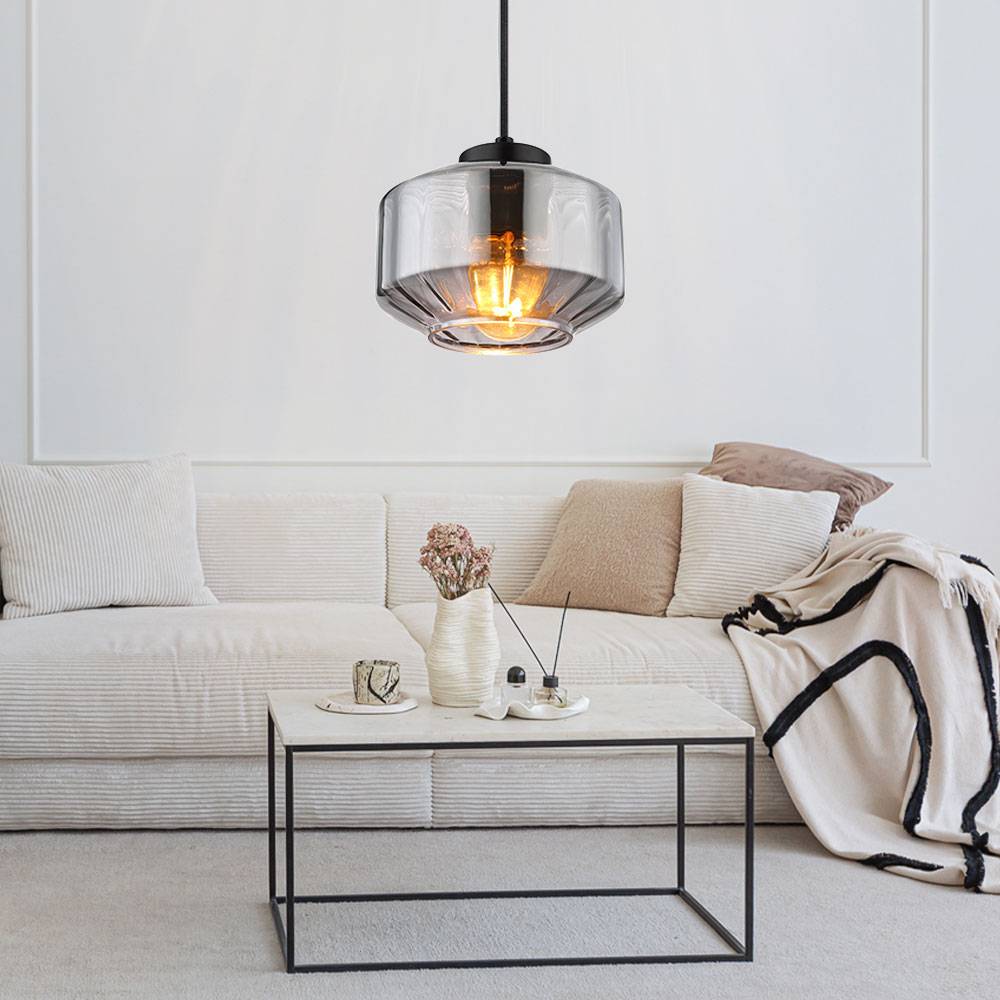 Hängelampe Pendelleuchte Esszimmerlampe, Modernes Pendel mit Glasschirm rauchfarben, Bauchig, Metall, schwarz matt, 1x E27 Fassung, DxH 24x120 cm