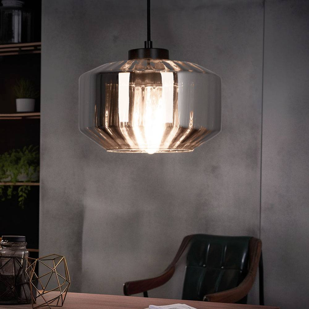 Hängelampe Pendelleuchte Esszimmerlampe, Modernes Pendel mit Glasschirm rauchfarben, Bauchig, Metall, schwarz matt, 1x E27 Fassung, DxH 24x120 cm