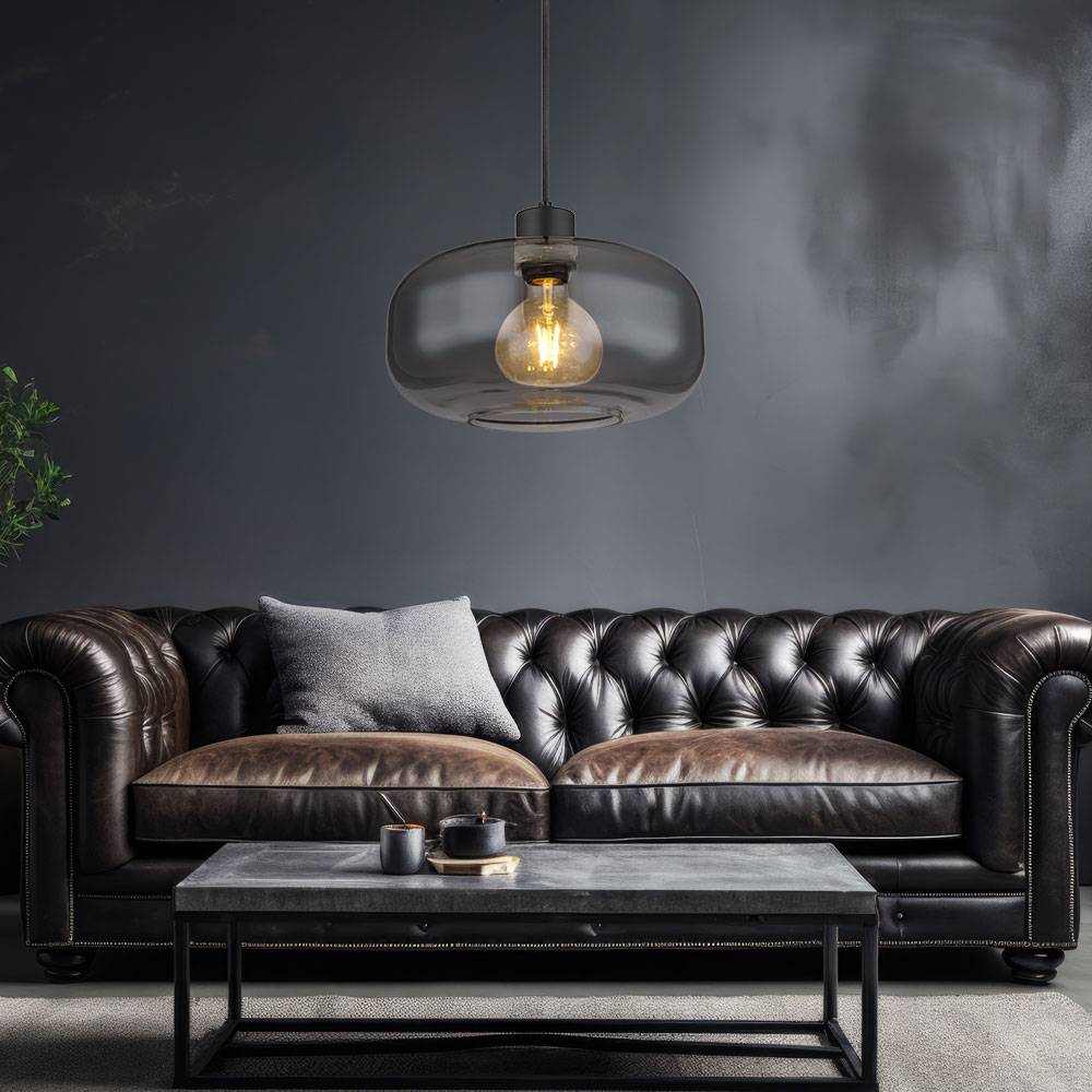 Hängelampe Pendellampe Esstischleuchte Rauchglas Wohnzimmer rund schwarz, Metall Retro, 1x E27 Fassung, DxH 28x120 cm