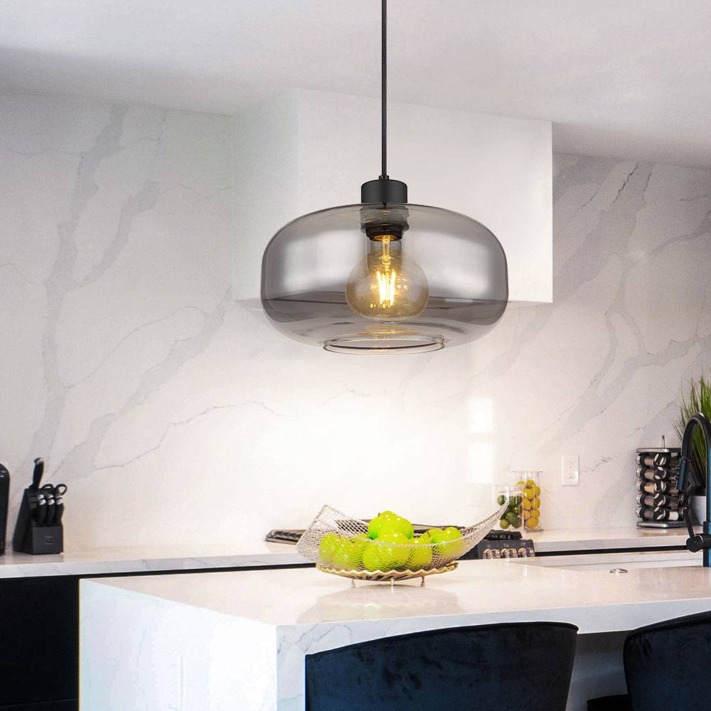 Hängelampe Pendellampe Esstischleuchte Rauchglas Wohnzimmer rund schwarz, Metall Retro, 1x E27 Fassung, DxH 28x120 cm