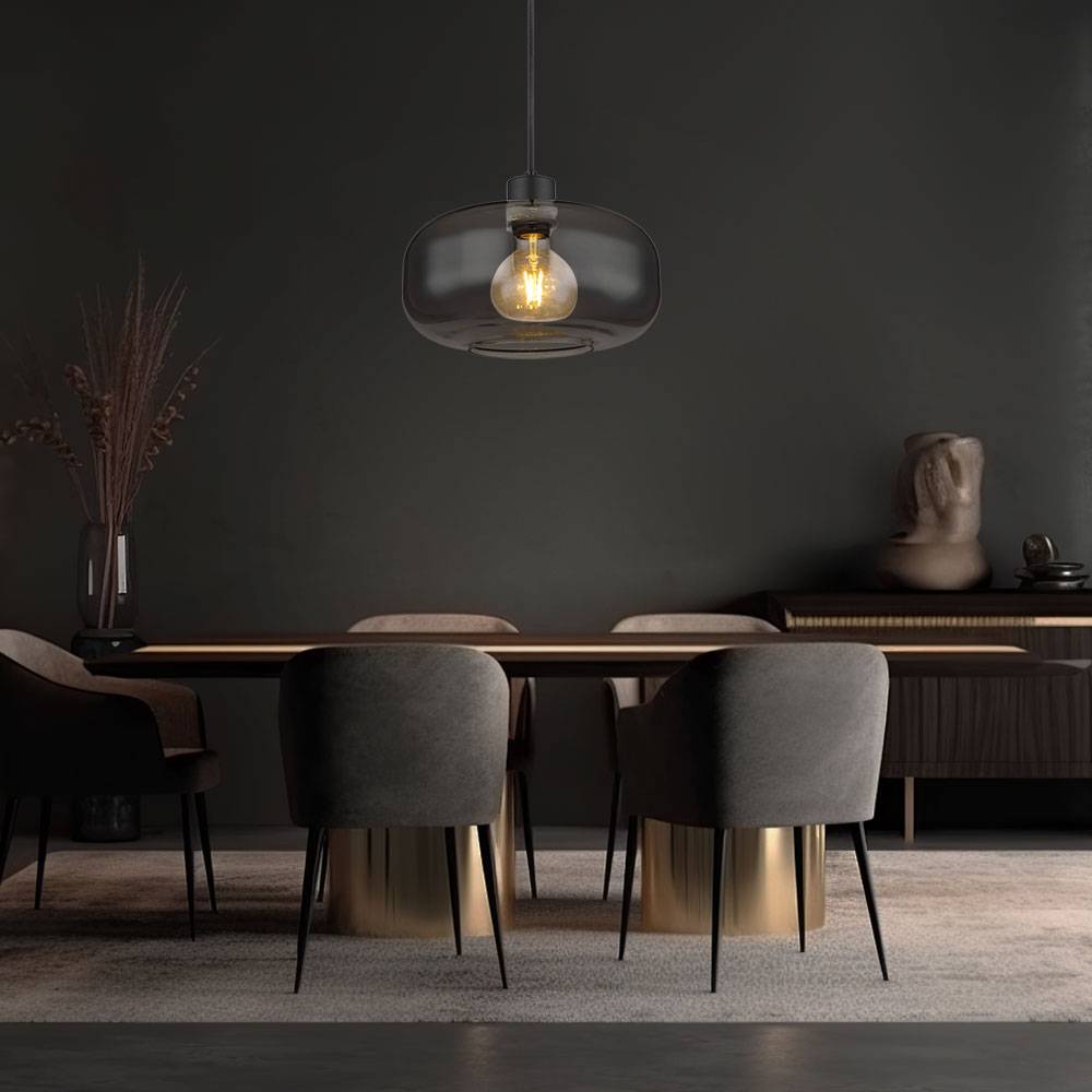 Hängelampe Pendellampe Esstischleuchte Rauchglas Wohnzimmer rund schwarz, Metall Retro, 1x E27 Fassung, DxH 28x120 cm