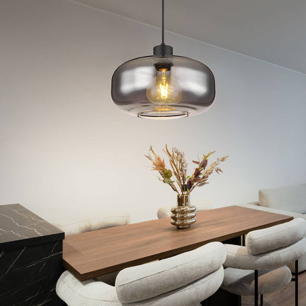 Hängelampe Pendellampe Esstischleuchte Rauchglas Wohnzimmer rund schwarz, Metall Retro, 1x E27 Fassung, DxH 28x120 cm