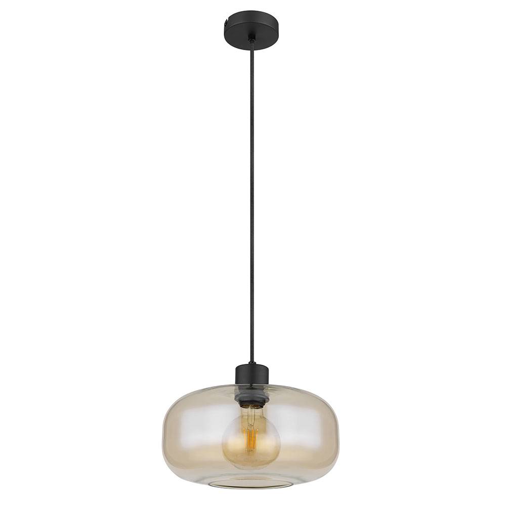 Hängelampe Wohnzimmerleuchte amber Esstischlampe modern Pendellampe, bauchiger Glasschirm, Metall schwarz matt, 1x E27 Fassung, DxH 28x120 cm