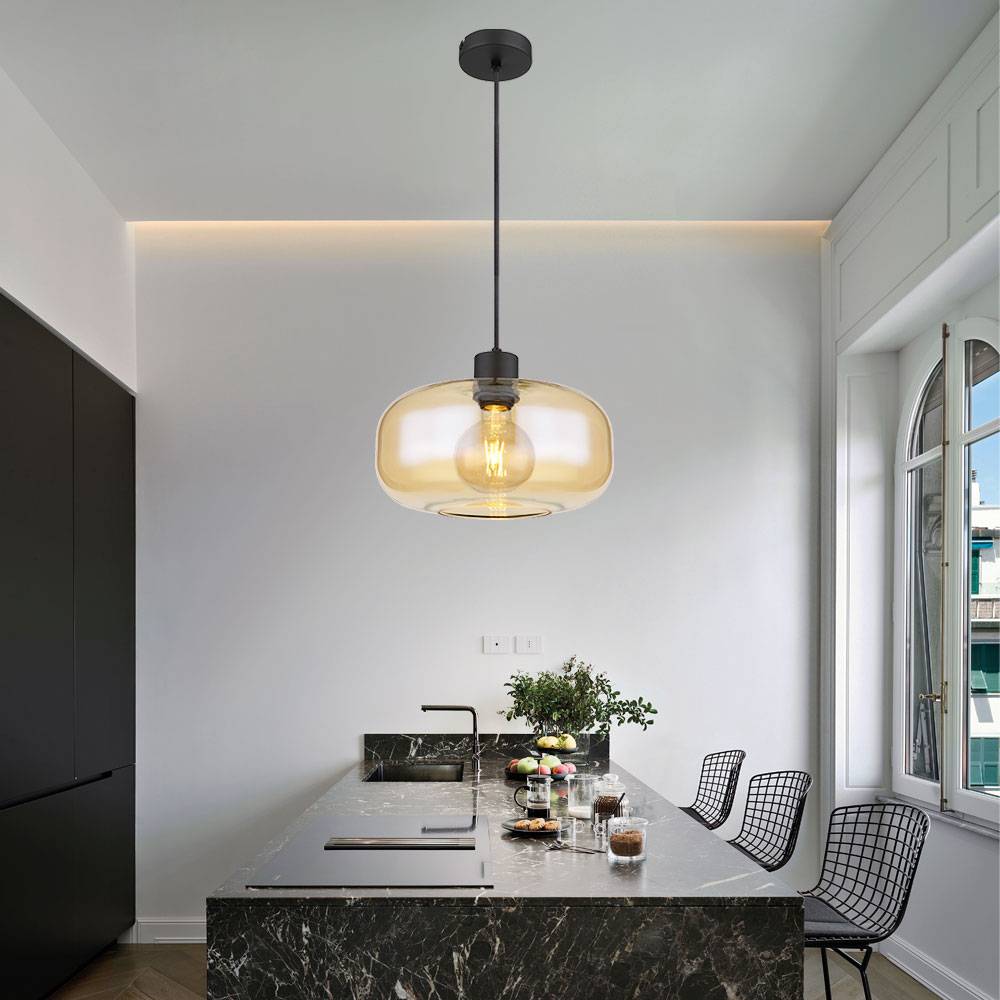 Hängelampe Wohnzimmerleuchte amber Esstischlampe modern Pendellampe, bauchiger Glasschirm, Metall schwarz matt, 1x E27 Fassung, DxH 28x120 cm
